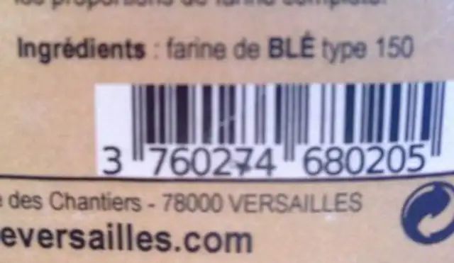 Farine complète type 150 ingredients label