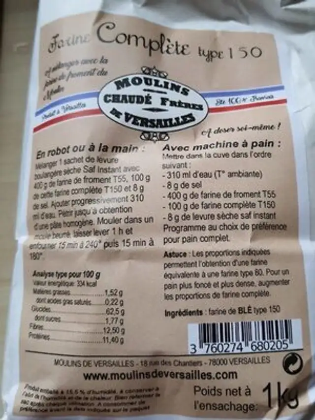 Farine complète type 150 nutrition facts table