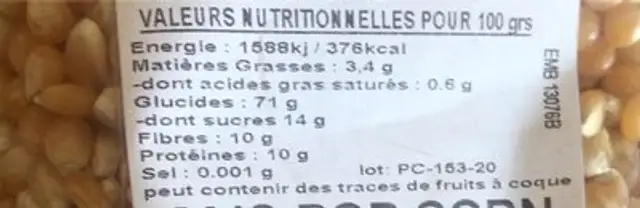 Mais pop corn nutrition facts table