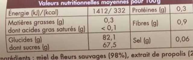 Préparation à base de Miel et propolis nutrition facts table