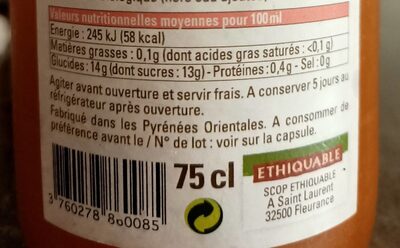 Nectar bio abricot nutrition facts table