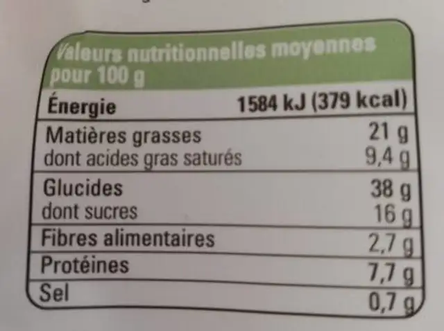 Sablés miel amande nutrition facts table