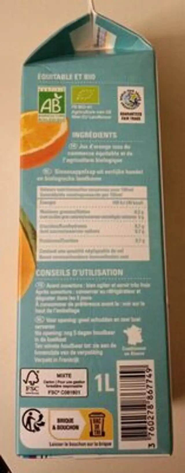 Pur Jus d'Orange nutrition facts table
