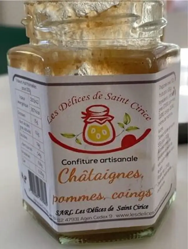 Confiture arrisanale chataignes, pommes, coings front packaging