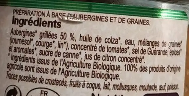 Toastinade Bio Aubergines grillées ingredients label