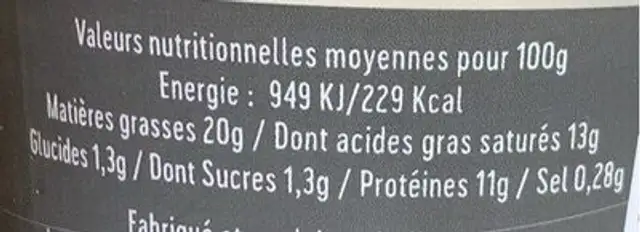 Burrata et basilic nutrition facts table