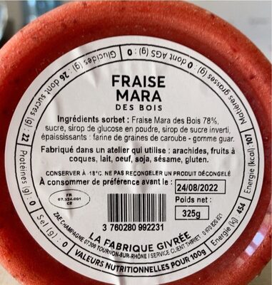 Sorbet fraise nutrition facts table