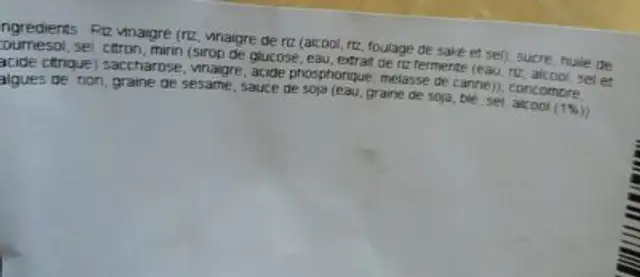 Maki au concombre ingredients label