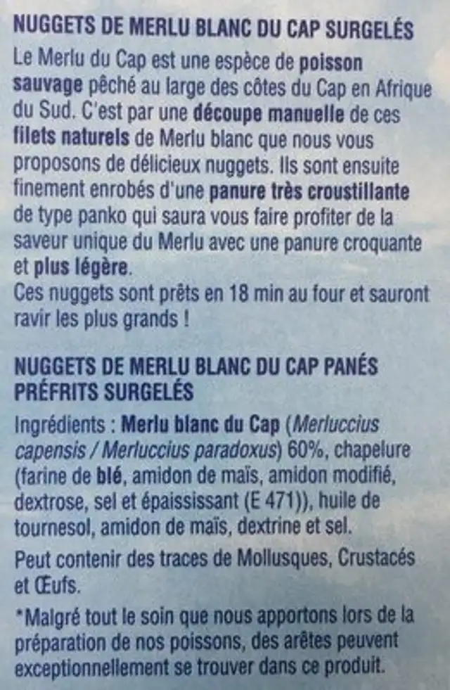 nuggets de merlu blanc. Du cap ingredients label