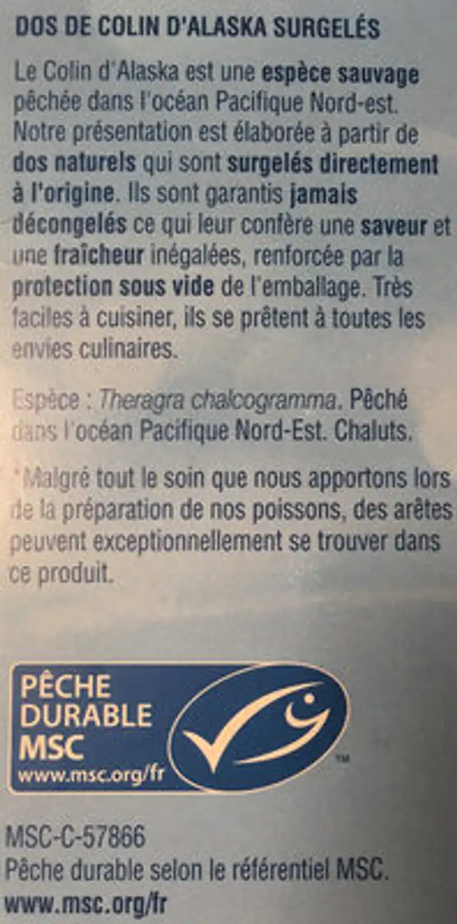 Dos de Colin d'Alaska surgelés ingredients label
