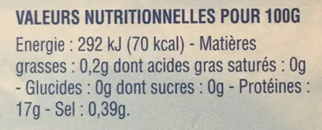 Dos de Colin d'Alaska surgelés nutrition facts table