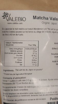 Matcha poudre de thé vert nutrition facts table