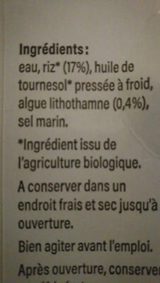 Boisson de riz ingredients label
