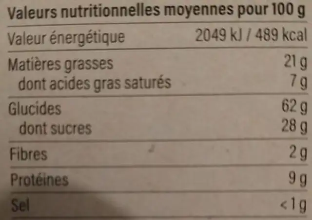 Goûters fourrés Chocolat au lait nutrition facts table
