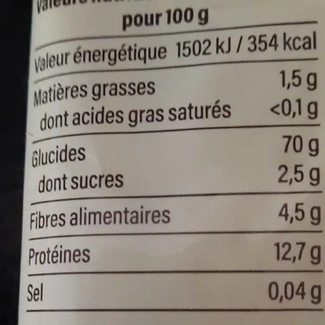 Linguine Blé dur demi-complet nutrition facts table