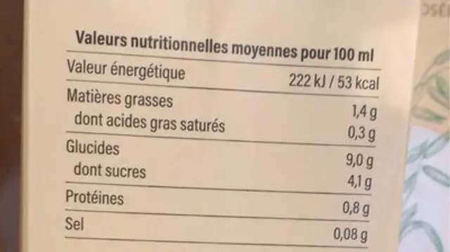 Boisson d’avoine nutrition facts table