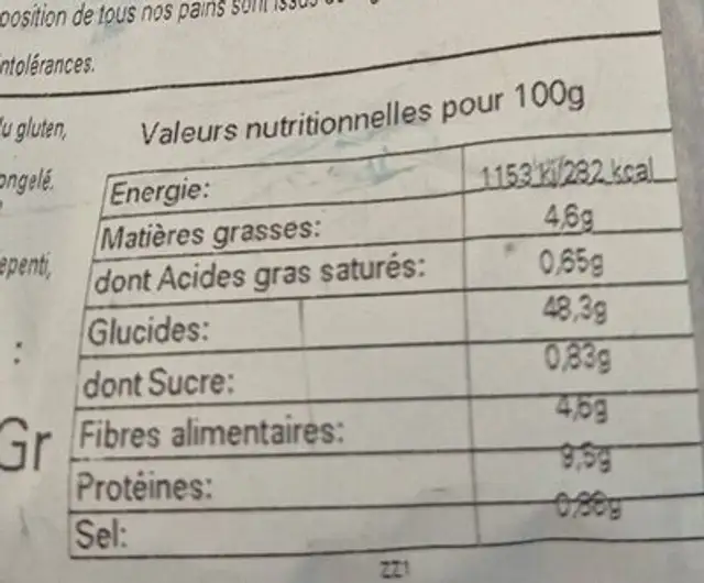 Pain champêtre 500gr long entier nutrition facts table