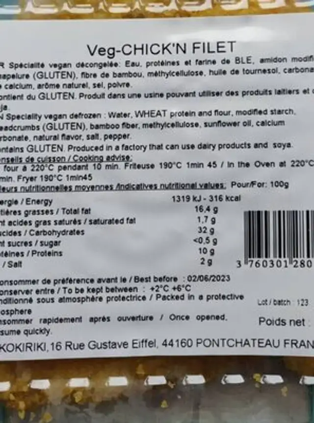 Veg filet nutrition facts table