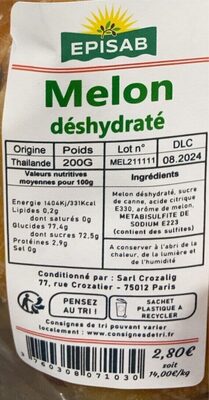 Melon déshydraté nutrition facts table