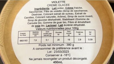 Glace violette nutrition facts table