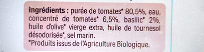 Sauce Tomate Origine France Basilic Bio ingredients label