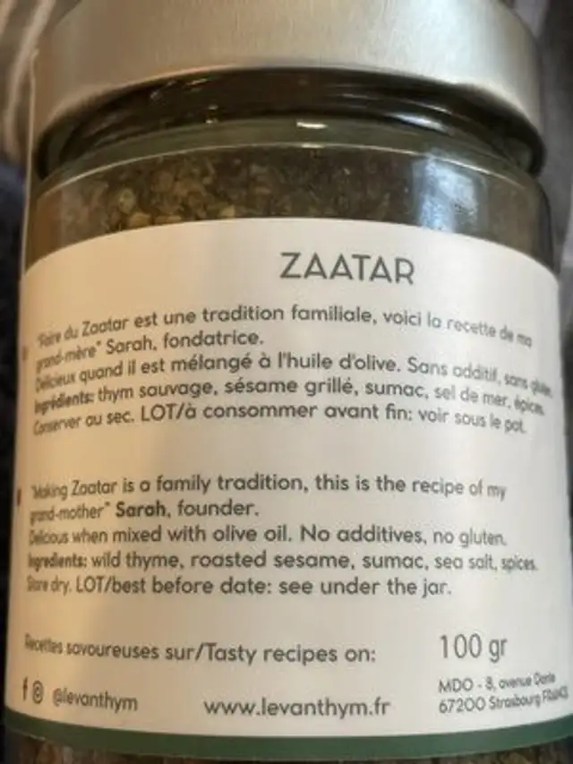 Zaatar ingredients label