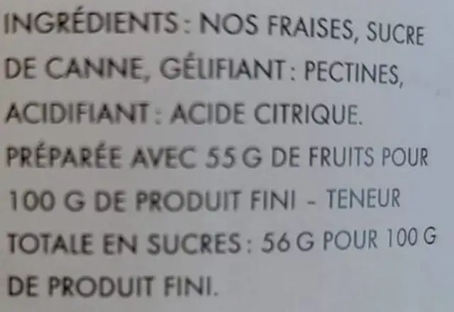 Confiture de fraise ingredients label