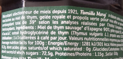 Préparation au miel de thym gelée royale propolis verte ingredients label