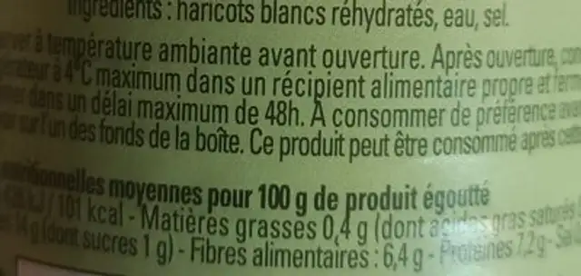 Haricots blancs nutrition facts table