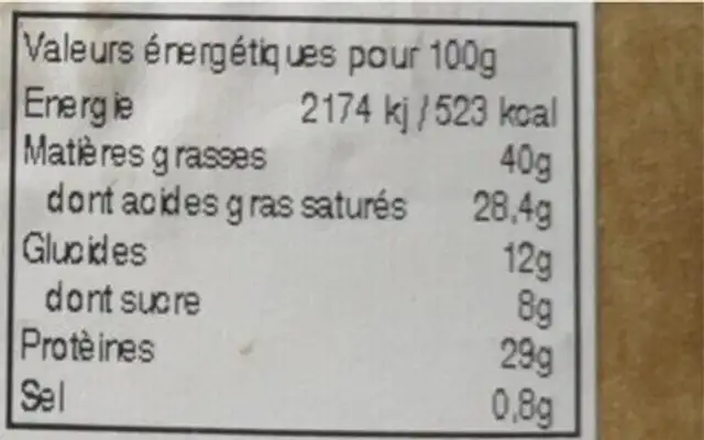 Baratine nutrition facts table