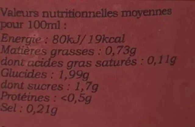 Soupe de tomate nutrition facts table