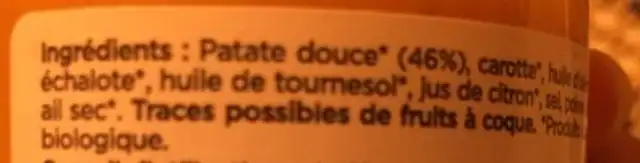 Tartinable patate douce poivre de Timut ingredients label