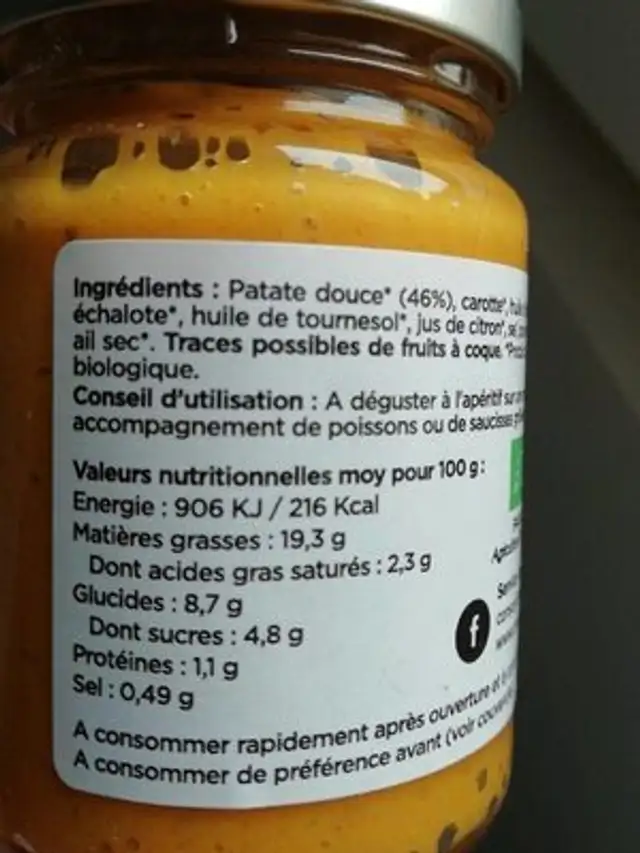 Tartinable patate douce poivre de Timut nutrition facts table