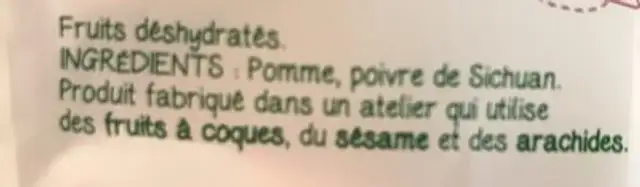 Pommes poivre de sichuan ingredients label