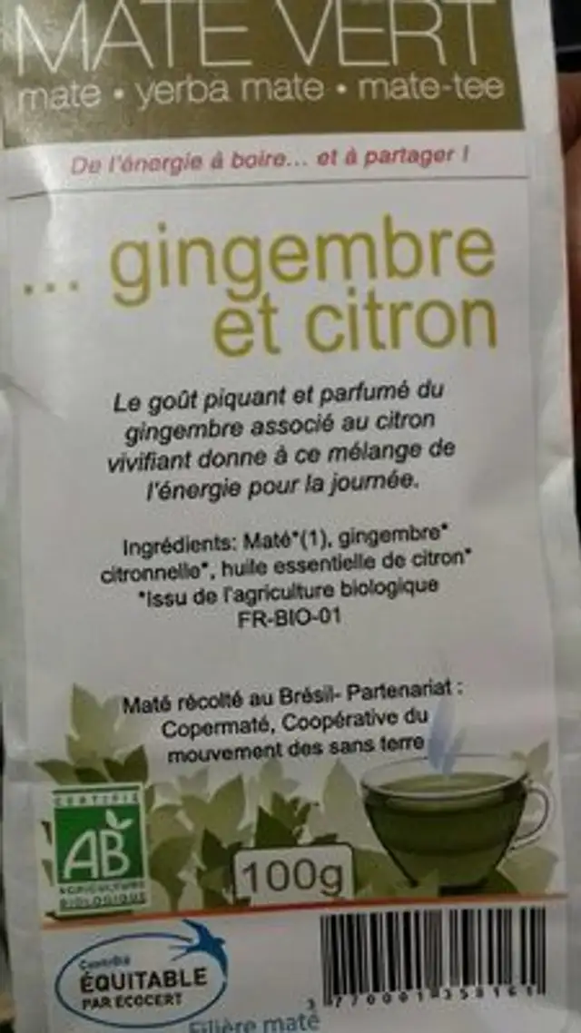 Maté Gingembre Citron nutrition facts table