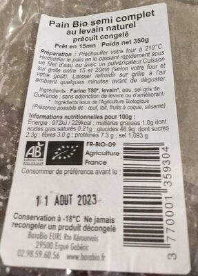 Pain bio semi complet au levain naturel précuit congelé