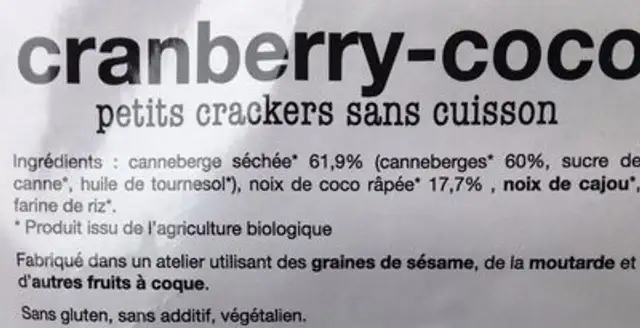Cranberry coco ingredients label