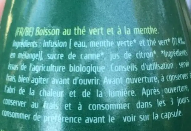 Boisson Naturelle Au Thé Vert & à La Menthe Bio - Origin ingredients label