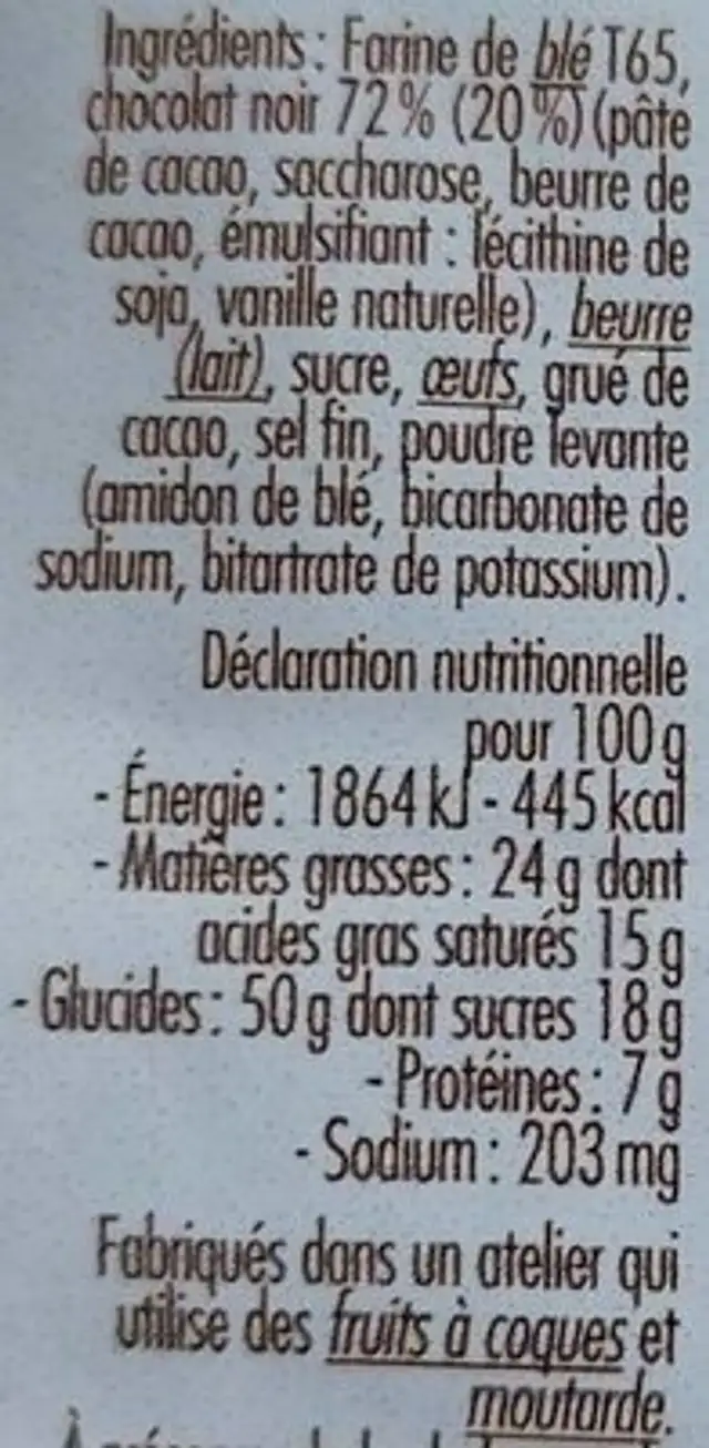 Sablés au chocolat ingredients label