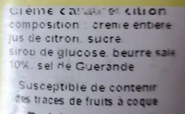Crème de citron ingredients label