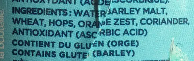 Bière artisanale blanche ingredients label