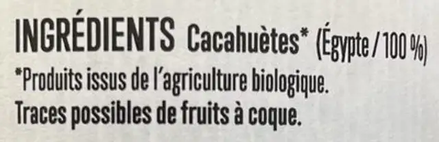 Beurre de cacahuètes Extra Crunchy ingredients label