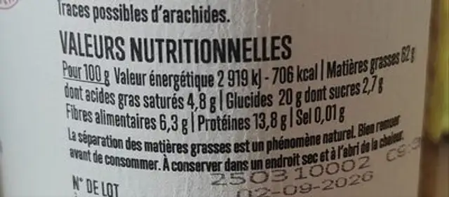 Purée de noisettes toastées Bio nutrition facts table