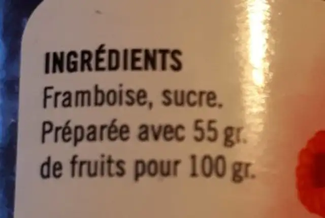 Confiture de framboise ingredients label