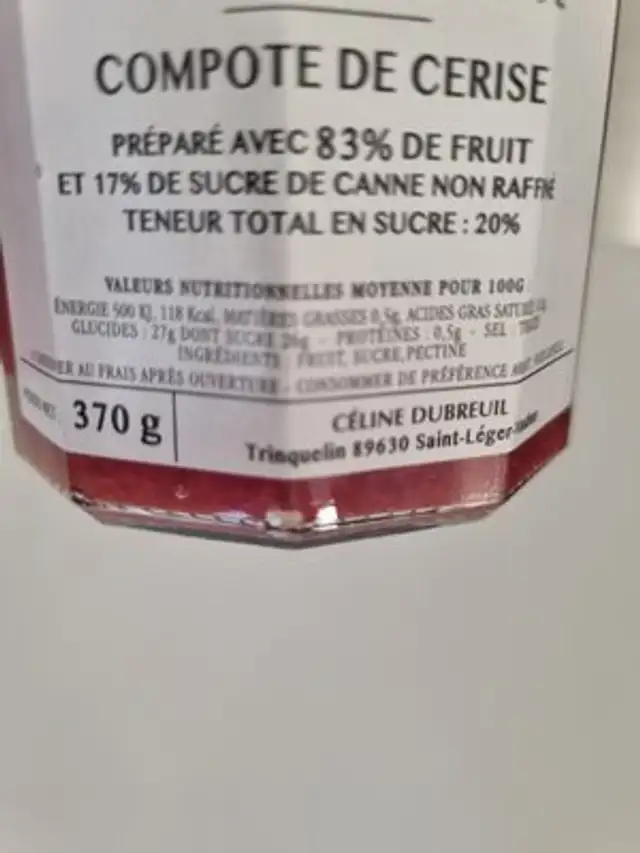 Compote De Cerise ingredients label