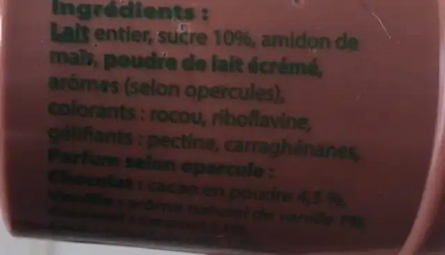 Crème dessert Ferme de Oignies ingredients label