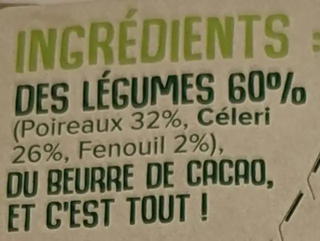Carrés de légumes ingredients label