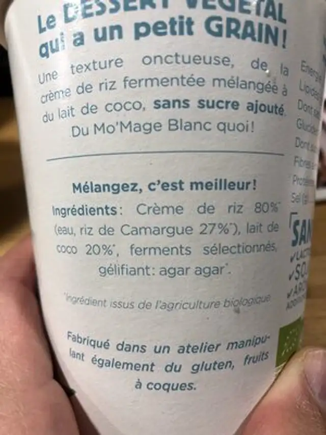Mo' mage blanc végétal ingredients label