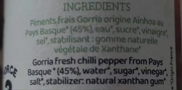 Hot Sauce Hegoa ingredients label
