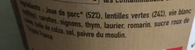 Joue de porc aux lentilles ingredients label